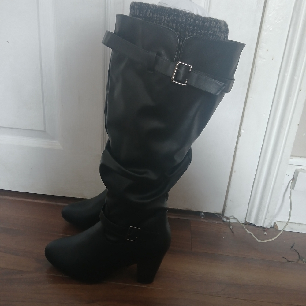 Ardene Black Knee High Faux Leather Side Zipper Boots